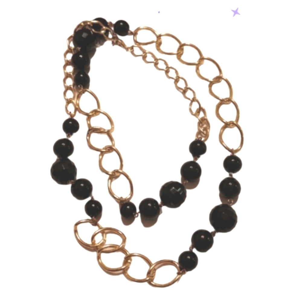 Black faceted beads goldtoned large oval Link long Fashion necklace - Picture 1 of 1